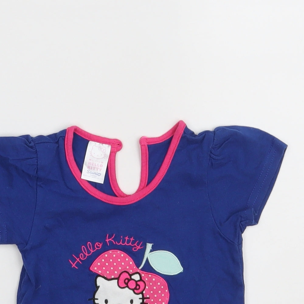 BHS Girls Blue  100% Cotton Pullover T-Shirt Size 12-18 Months Round Neck Button - Hello Kitty