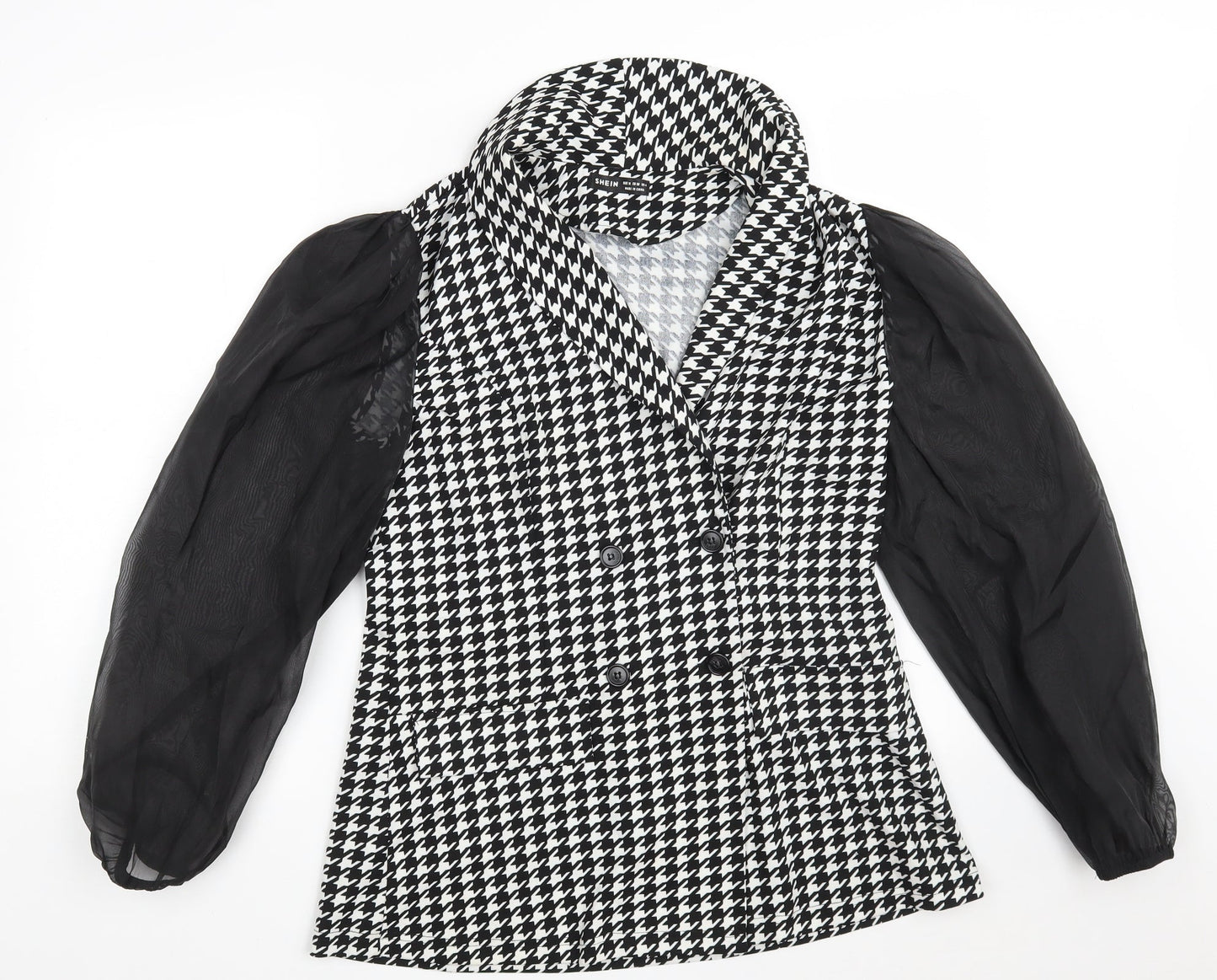 SheIn Womens Black Houndstooth  Jacket Blazer Size M  Button