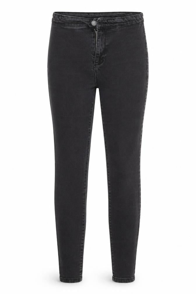Front view of Denim & Co. women’s black cotton jegging jeans, size UK 12, 26-inch leg slim zip