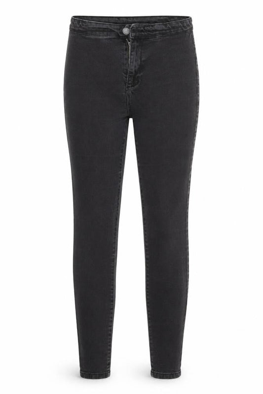Front view of Denim & Co. women’s black cotton jegging jeans, size UK 12, 26-inch leg slim zip