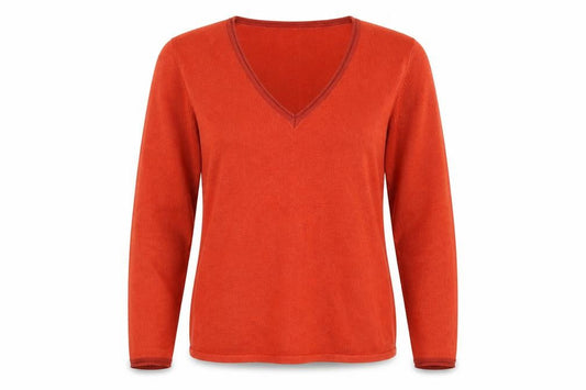 Front view of Autonomy women’s brown v-neck acrylic jumper, size M