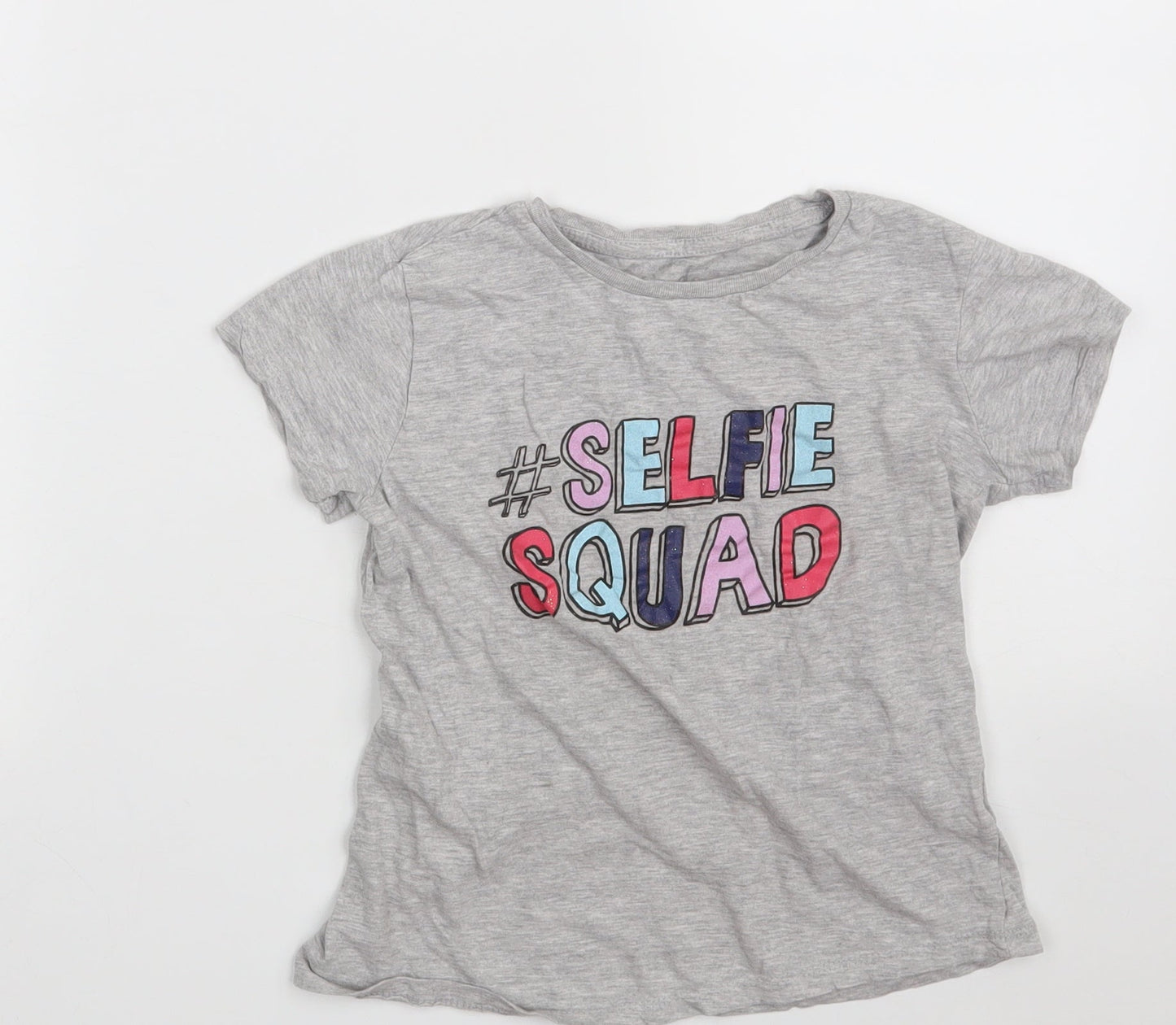 Pep & Co  Girls Grey  Cotton Pullover T-Shirt Size 9-10 Years Crew Neck  - Selfie Squad