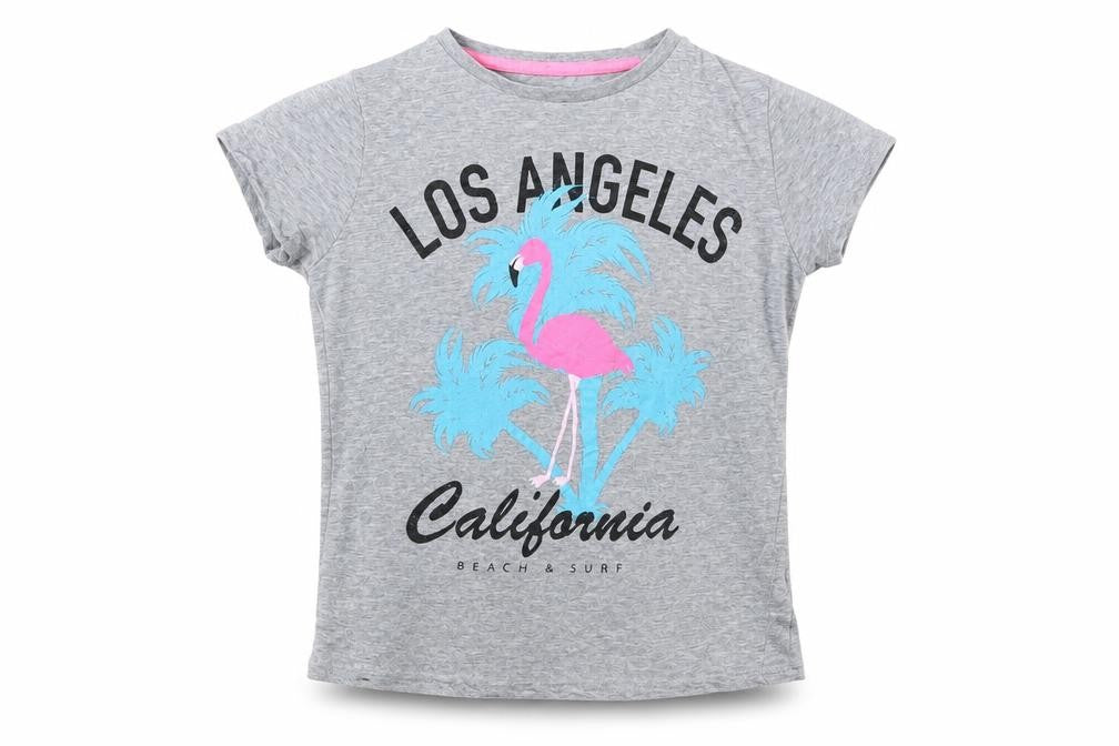 Front view of Pep&Co girls’ grey cotton basic t-shirt, size 9-10, years crew neck - los angeles