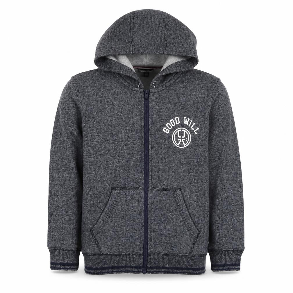 Front view of Okaidi boys’ blue cotton full zip hoodie, size 10, years zip