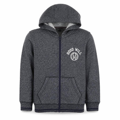 Front view of Okaidi boys’ blue cotton full zip hoodie, size 10, years zip