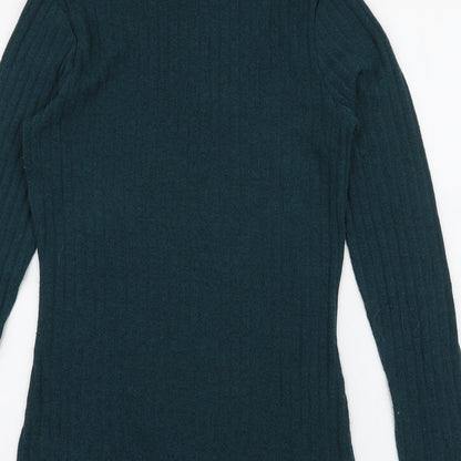 Brand and care label for LTS Basics women’s green roll neck polyester jumper, size XS