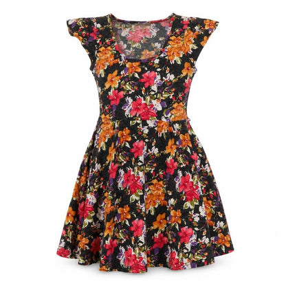 Front view of Ravi Famous women’s multicoloured floral polyester skater dress, size S, round neck pullover