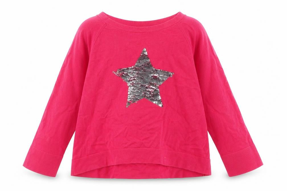 Front view of Gap girls’ pink crew neck cotton jumper, size 8-9, years pullover - star