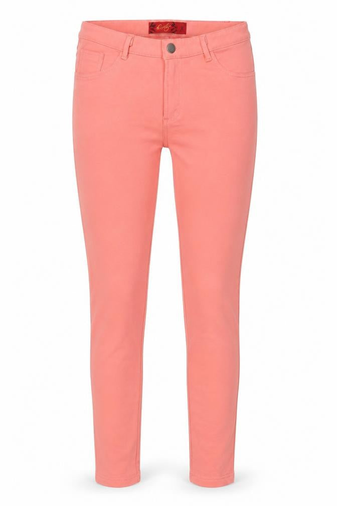 Front view of Lustre women’s pink cotton trousers, size UK 8, 30-inch leg regular button