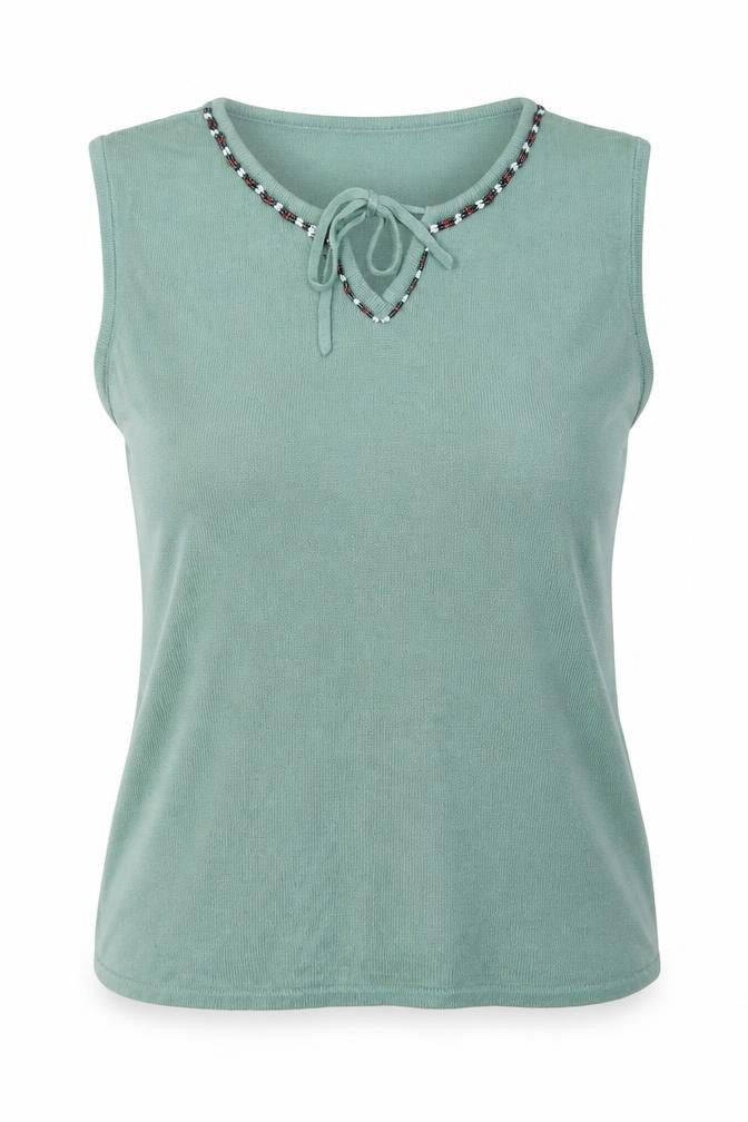 Front view of Preworn women’s green v-neck cotton vest jumper, size UK 14
