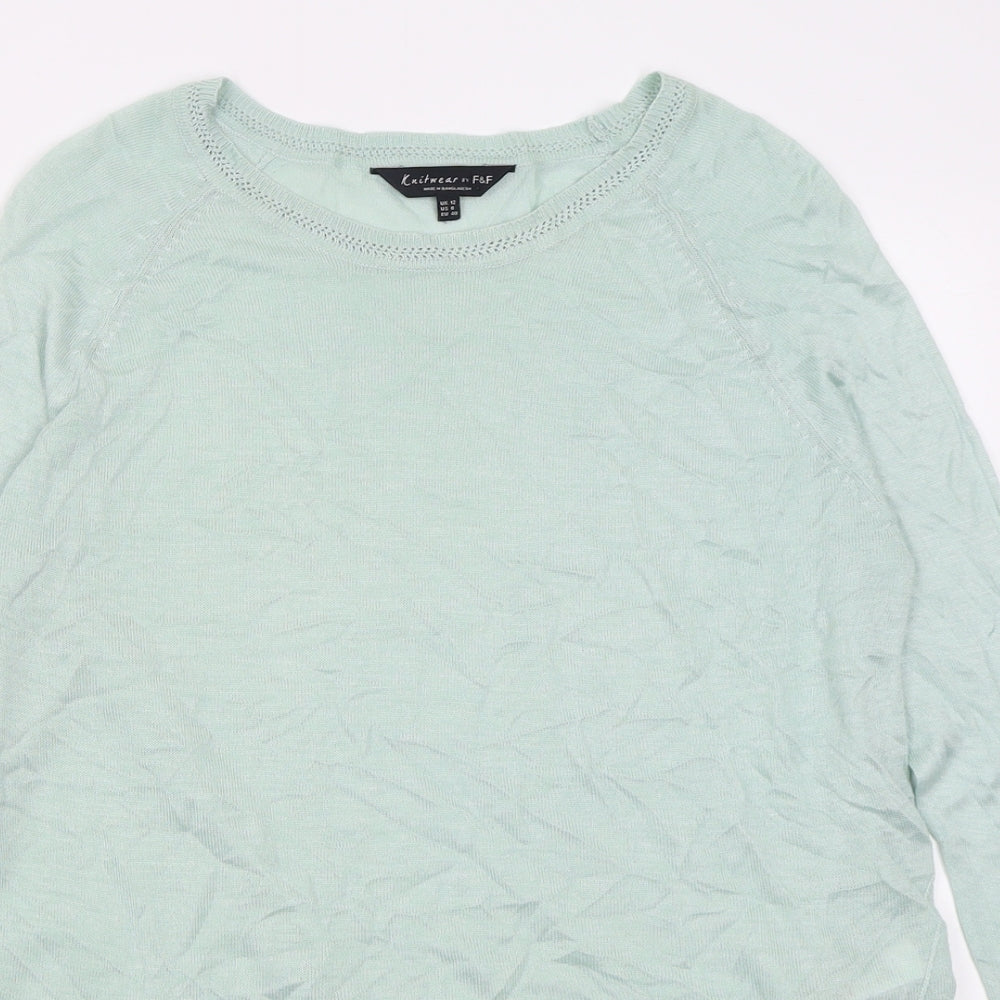 F&F Womens Green Crew Neck  Cotton Pullover Jumper Size 12
