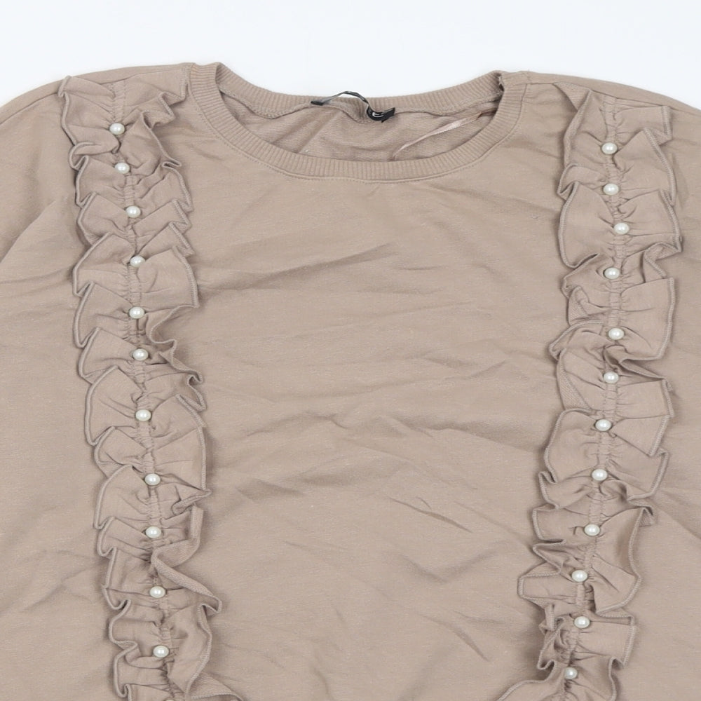 Close-up detail of Select women’s brown cotton pullover sweatshirt, size S, pullover