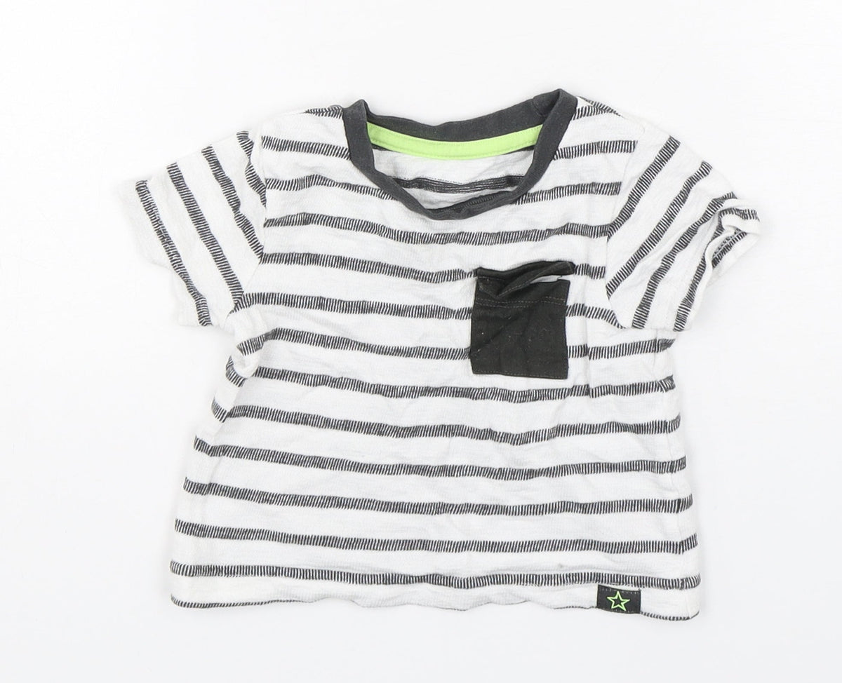 Front view of Dunnes boys’ multicoloured striped cotton basic t-shirt, size 6-9, months round neck pullover