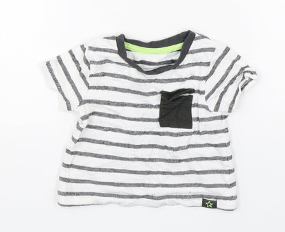 Front view of Dunnes boys’ multicoloured striped cotton basic t-shirt, size 6-9, months round neck pullover