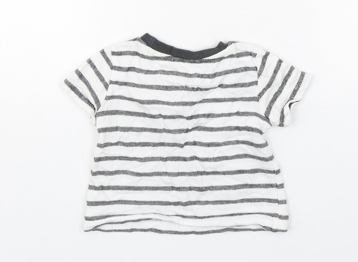 Back view of Dunnes boys’ multicoloured striped cotton basic t-shirt, size 6-9, months round neck pullover