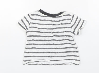 Back view of Dunnes boys’ multicoloured striped cotton basic t-shirt, size 6-9, months round neck pullover