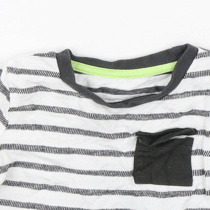 Close-up detail of Dunnes boys’ multicoloured striped cotton basic t-shirt, size 6-9, months round neck pullover