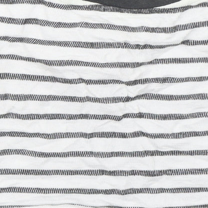 Brand and care label for Dunnes boys’ multicoloured striped cotton basic t-shirt, size 6-9, months round neck pullover