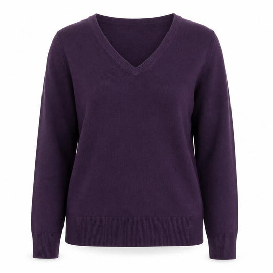 Front view of M&Co women’s purple v-neck acrylic jumper, size UK 6