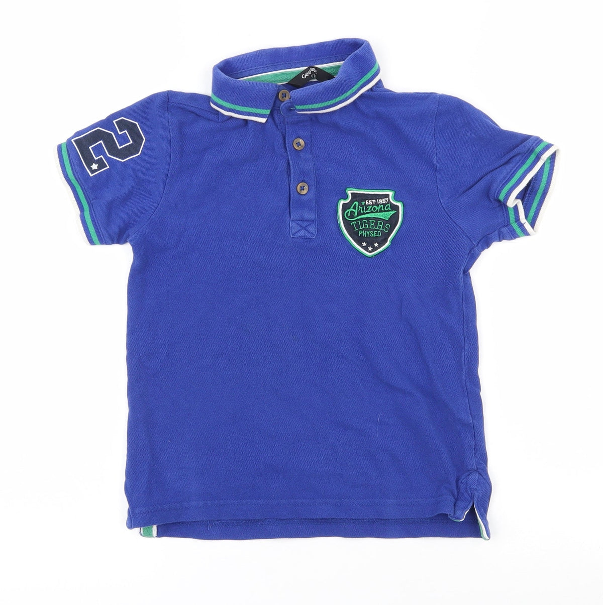 Additional front view of George boys’ blue 100% cotton pullover polo, size 6-7, years collared button