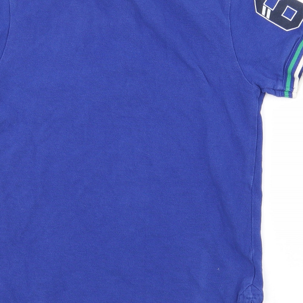 Brand and care label for George boys’ blue 100% cotton pullover polo, size 6-7, years collared button