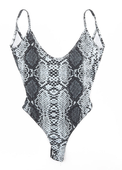 PRETTYLITTLETHING Womens Grey Animal Print Polyester Bodysuit One-Piece Size 8  Snap