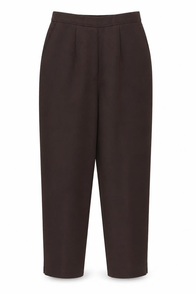 Front view of Preworn women’s brown polyester carrot trousers, size UK 10, 26-inch leg regular