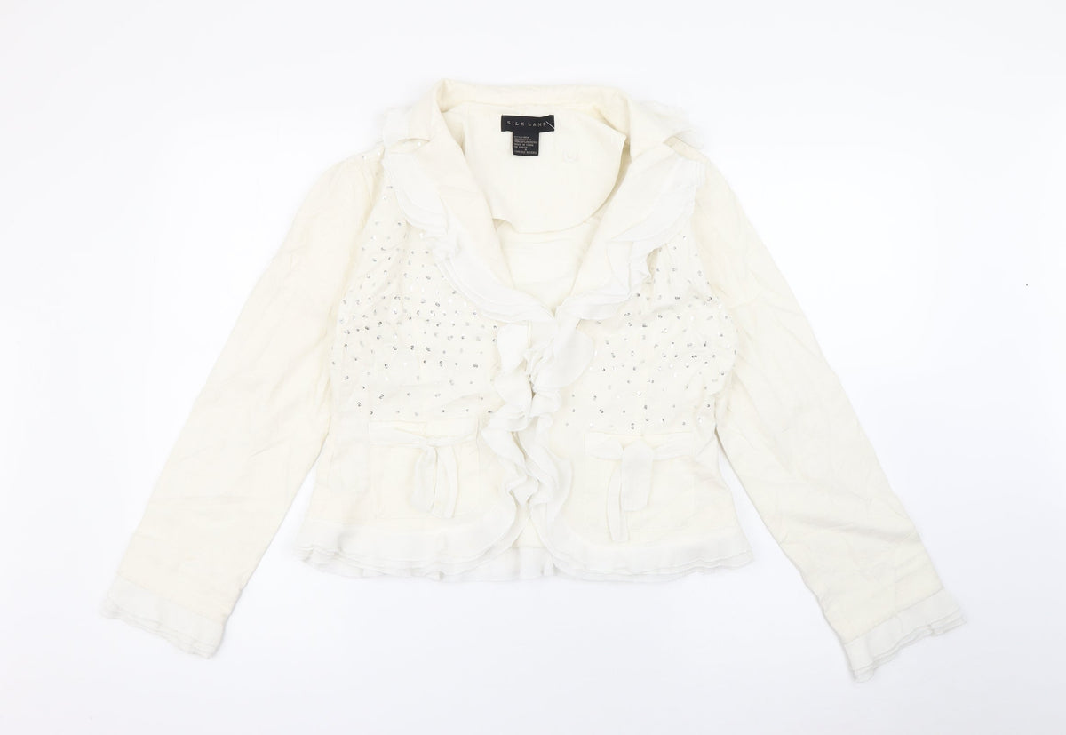 Additional front view of Silkland women’s ivory jacket, size UK 6, hook & eye