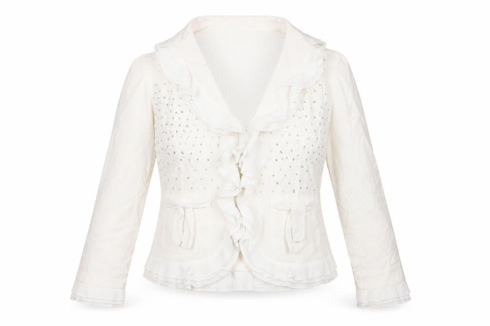 Front view of Silkland women’s ivory jacket, size UK 6, hook & eye