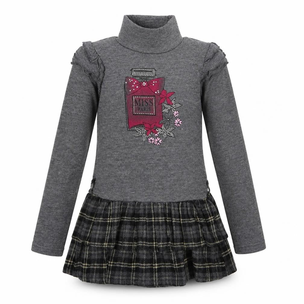 Front view of Shialy girls’ grey plaid cotton jumper dress, size 10, years high neck pullover