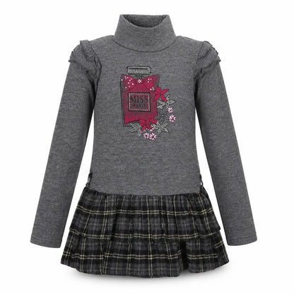 Front view of Shialy girls’ grey plaid cotton jumper dress, size 10, years high neck pullover