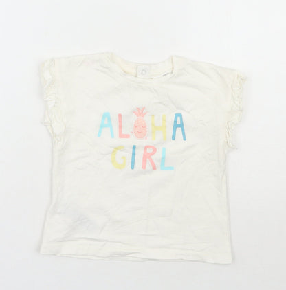 MNG  Girls Ivory  100% Cotton Basic T-Shirt Size 12-18 Months Round Neck Snap