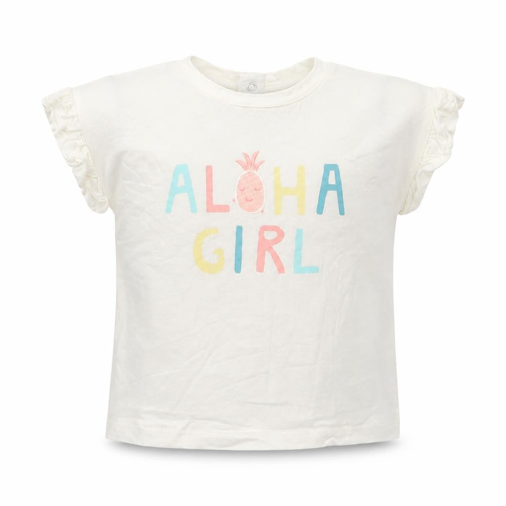 Front view of Mango girls’ ivory 100% cotton basic t-shirt, size 12-18, months round neck snap