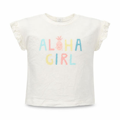 Front view of Mango girls’ ivory 100% cotton basic t-shirt, size 12-18, months round neck snap