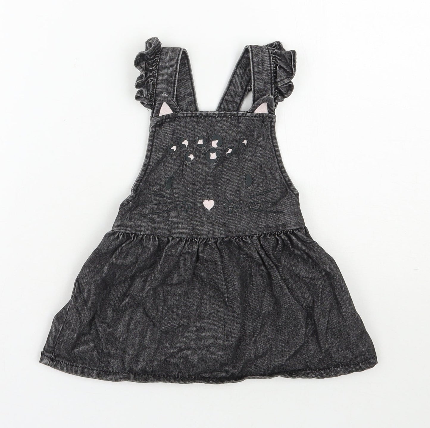 F&F Girls Black  100% Cotton Pinafore/Dungaree Dress  Size 9-12 Months  Square Neck Button