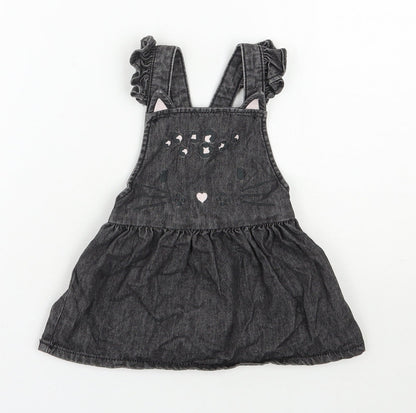 F&F Girls Black  100% Cotton Pinafore/Dungaree Dress  Size 9-12 Months  Square Neck Button