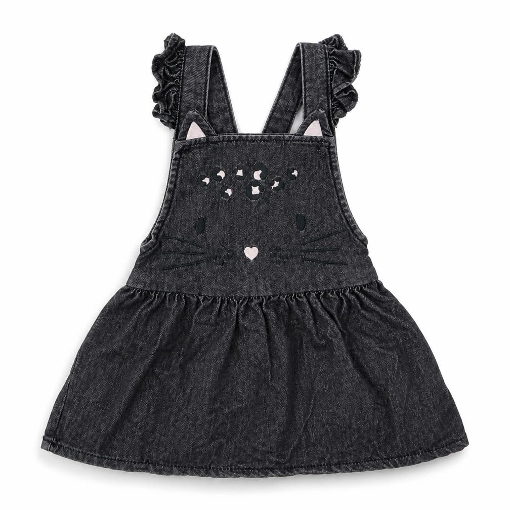 Front view of F&F girls’ black 100% cotton pinafore/dungaree dress, size 9-12, months square neck button