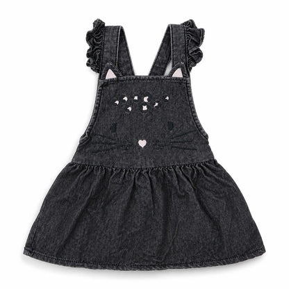 Front view of F&F girls’ black 100% cotton pinafore/dungaree dress, size 9-12, months square neck button