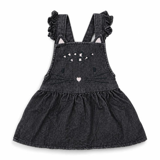 F&F Girls Black  100% Cotton Pinafore/Dungaree Dress  Size 9-12 Months  Square Neck Button