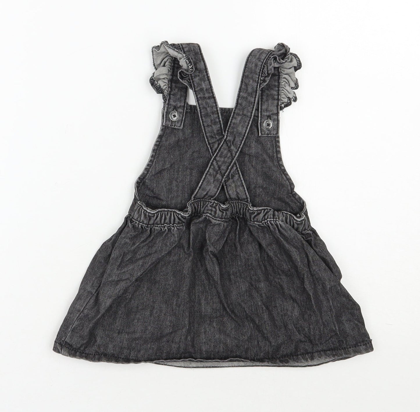 F&F Girls Black  100% Cotton Pinafore/Dungaree Dress  Size 9-12 Months  Square Neck Button