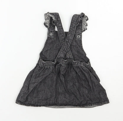 F&F Girls Black  100% Cotton Pinafore/Dungaree Dress  Size 9-12 Months  Square Neck Button