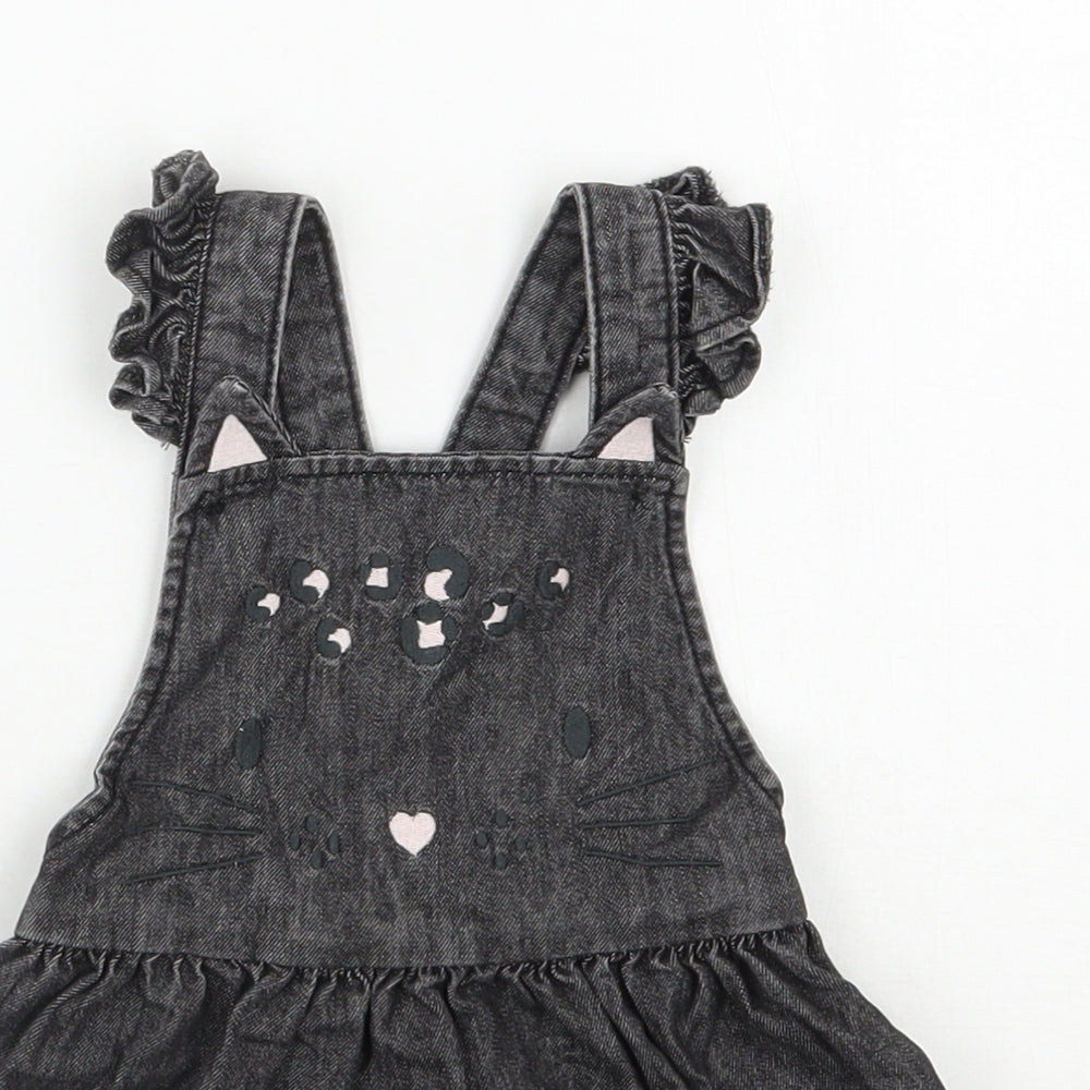 F&F Girls Black  100% Cotton Pinafore/Dungaree Dress  Size 9-12 Months  Square Neck Button