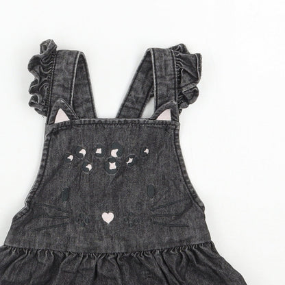 F&F Girls Black  100% Cotton Pinafore/Dungaree Dress  Size 9-12 Months  Square Neck Button