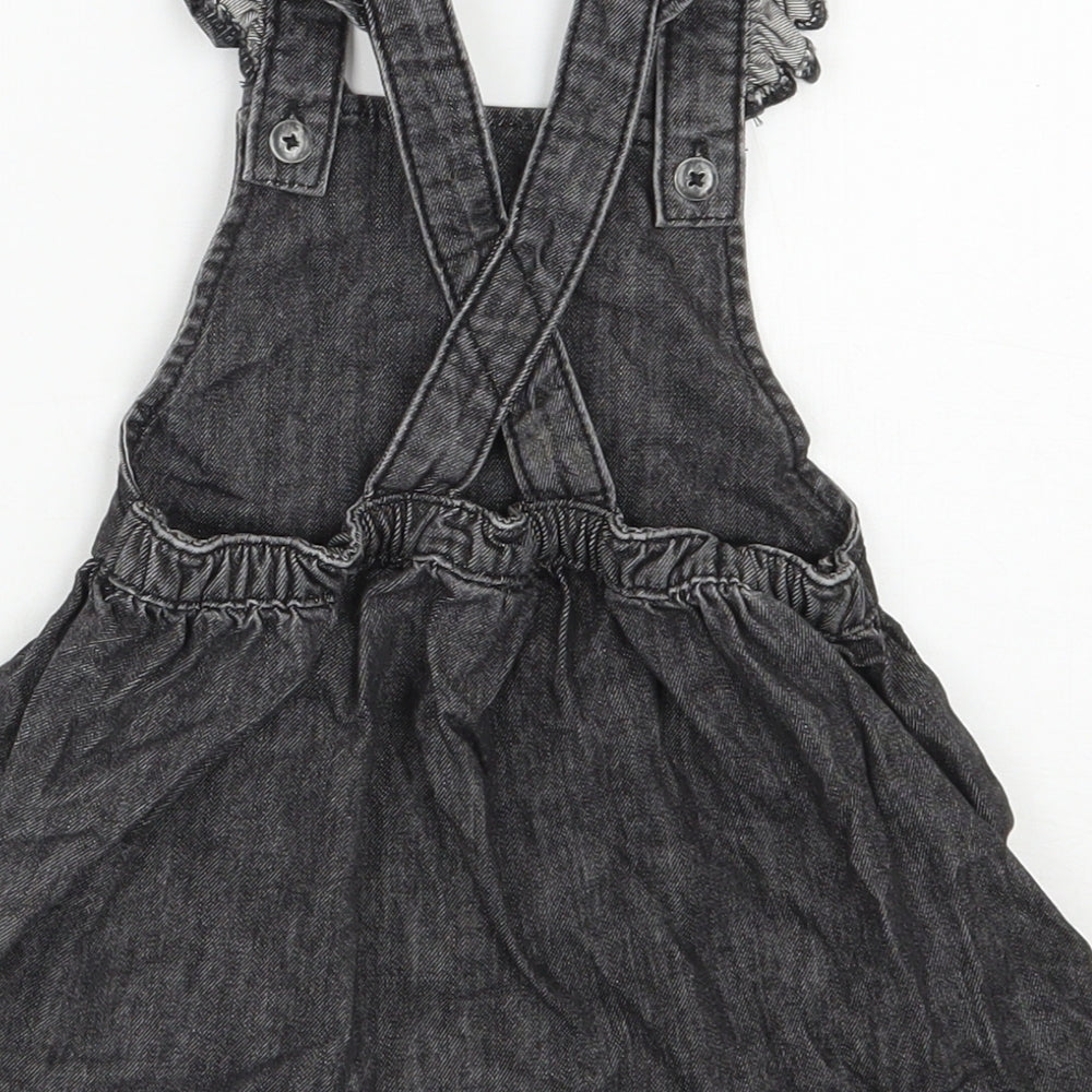 F&F Girls Black  100% Cotton Pinafore/Dungaree Dress  Size 9-12 Months  Square Neck Button