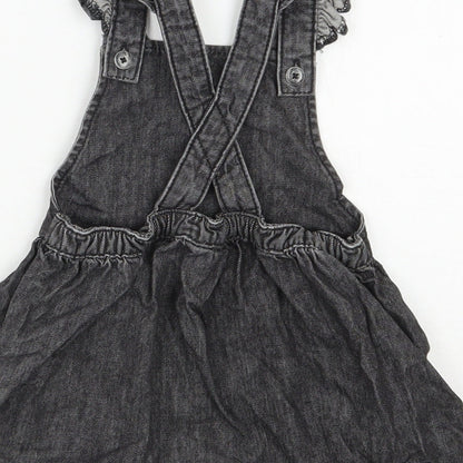 F&F Girls Black  100% Cotton Pinafore/Dungaree Dress  Size 9-12 Months  Square Neck Button