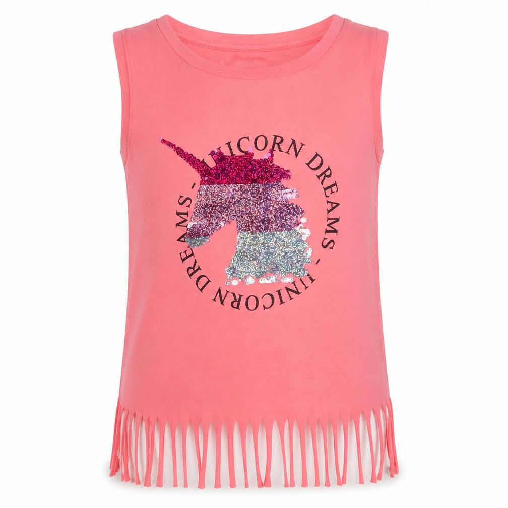 Front view of Primark girls’ orange polyester cropped tank, size 10-11, years round neck - unicorn