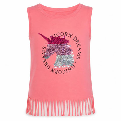 Front view of Primark girls’ orange polyester cropped tank, size 10-11, years round neck - unicorn