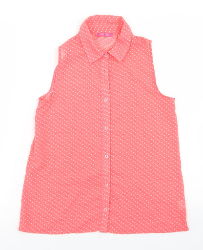 Young Dimension Girls Pink Polka Dot Polyester Basic Button-Up Size 12-13 Years Collared Button