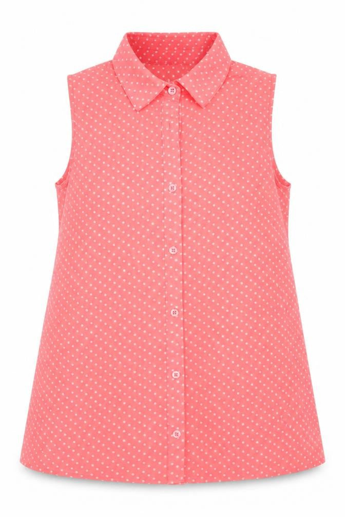 Front view of Young Dimension girls’ pink polka dot polyester basic button-up, size 12-13, years collared button