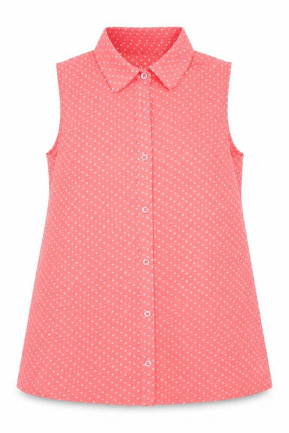 Front view of Young Dimension girls’ pink polka dot polyester basic button-up, size 12-13, years collared button